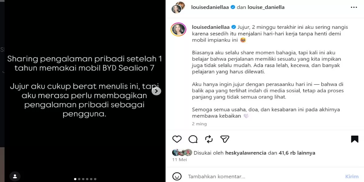 Unggahan Louise Daniella di Instagram yang menceritakan pengalaman pribadinya sebagai pengguna BYD Sealion 7 (Instagram/@louisedaniellaa)