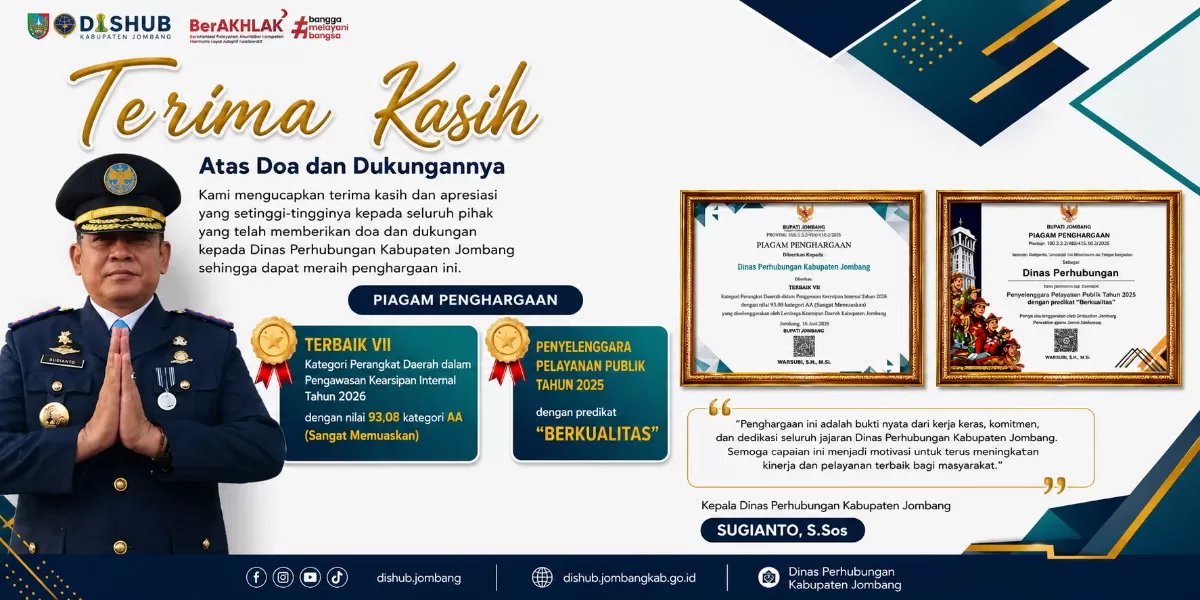 Dishub Jombang meraih penghargaan Terbaik VII Pengawasan Kearsipan Internal dan Pelayanan Publik Berkualitas 2025 (dok.istimewa)