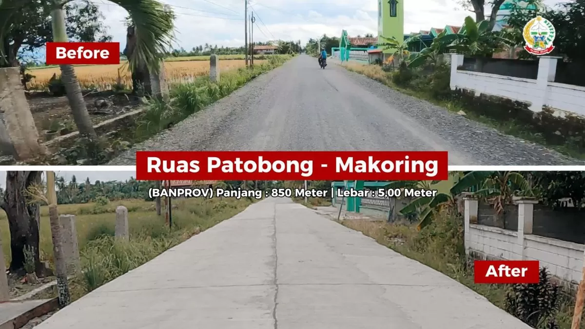 Ruas Patobong-Makoring sebelum dan sesudah diperbaiki.