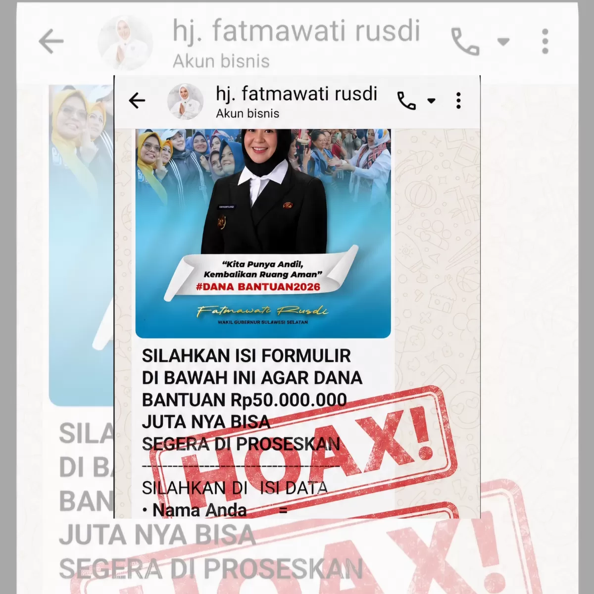 Waspada penipuan mengatasnamakan Wagub Sulsel Fatmawati Rusdi. 