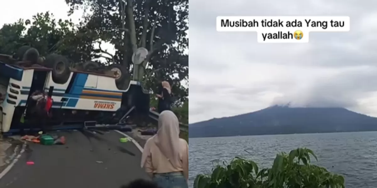 Menyoroti insiden bus pengantin di OKU Selatan, Sumatera Selatan (Sumsel) yang alami kecelakaan hingga terjungkir pada wilayah Danau Ranau. (TikTok.com/@adihd0205)