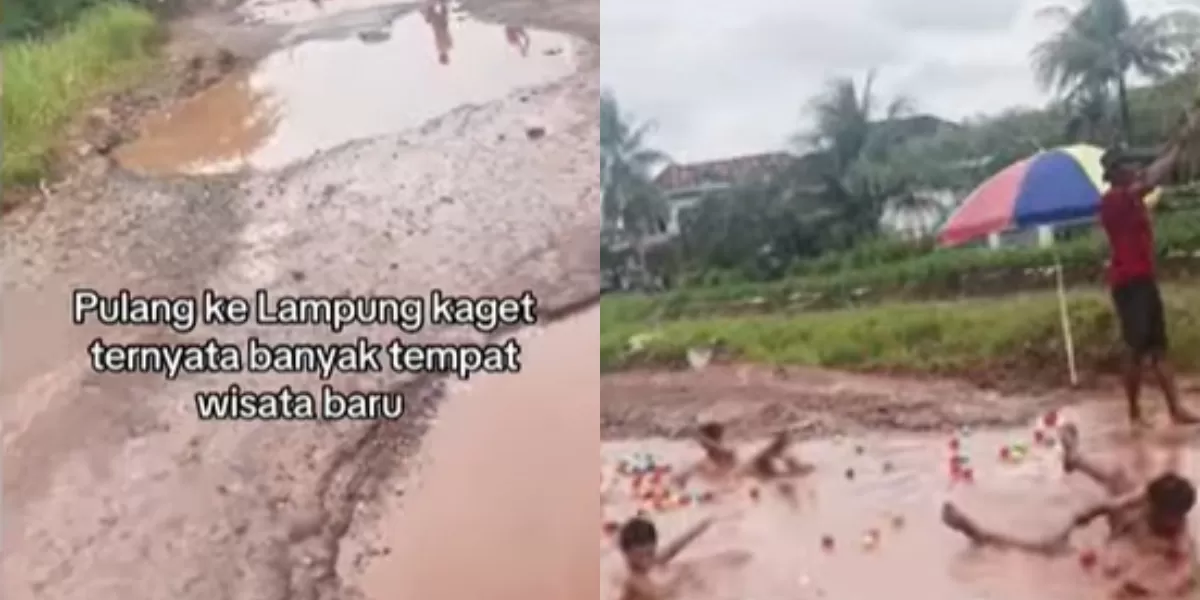 Mengintip rekaman viral dari warga Lampung Timur yang memperlihatkan desanya kini punya wisata baru pada jalanan berlumpur.  ((TikTok.com/@viranovita033))