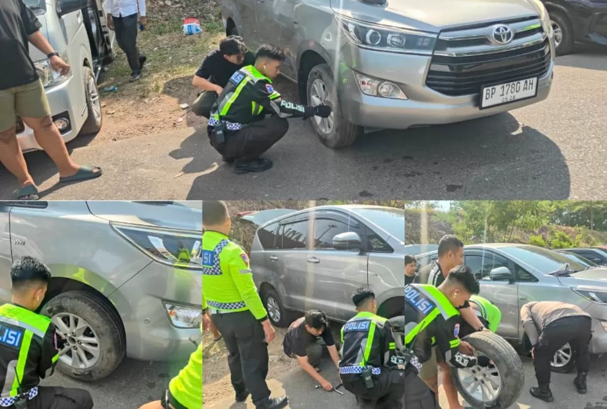 Personel Pos Pam Jembatan 1 Barelang Sigap Bantu Pengunjung Alami Ban Bocor saat Operasi Ketupat Seligi 2026