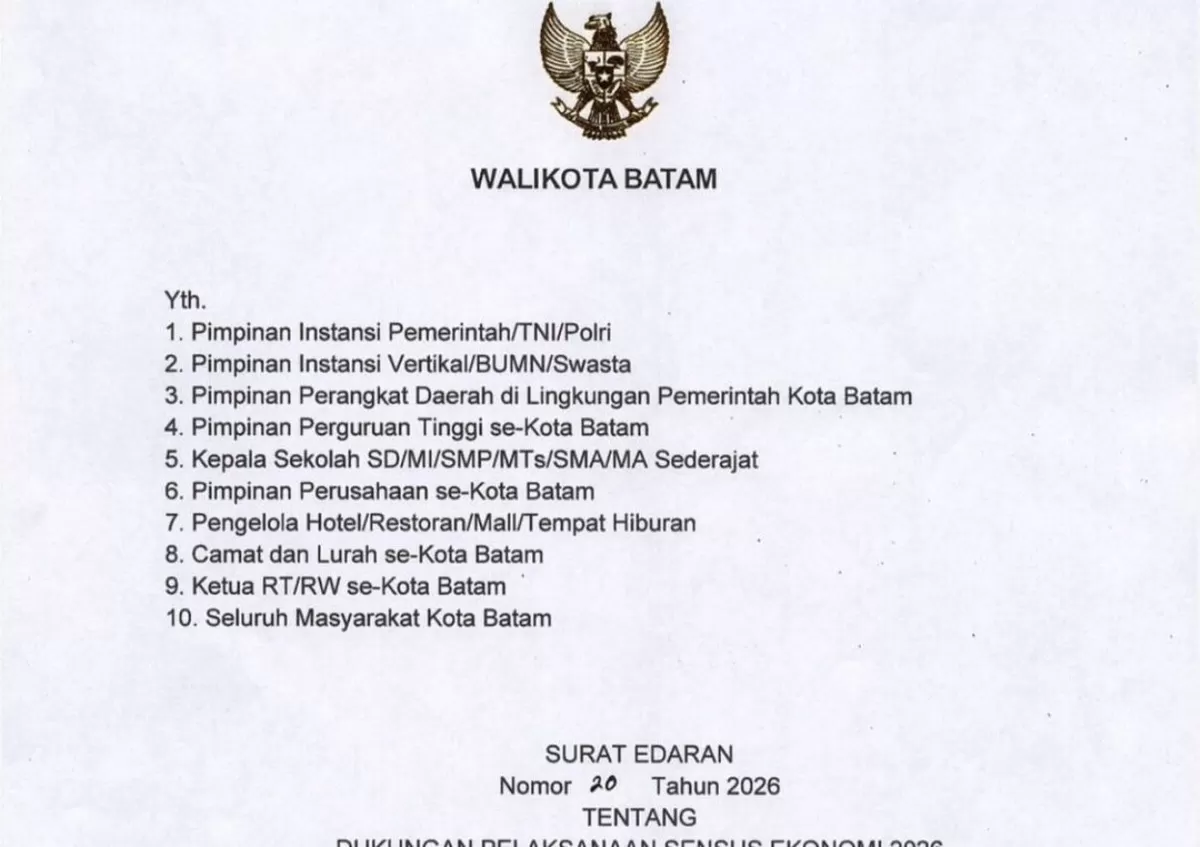 Pemerintah Kota (Pemko) Batam resmi menerbitkan Surat Edaran Wali Kota Batam (SE) Nomor 20 Tahun 2026 tentang Dukungan Pelaksanaan Sensus Ekonomi 2026 (SE2026).