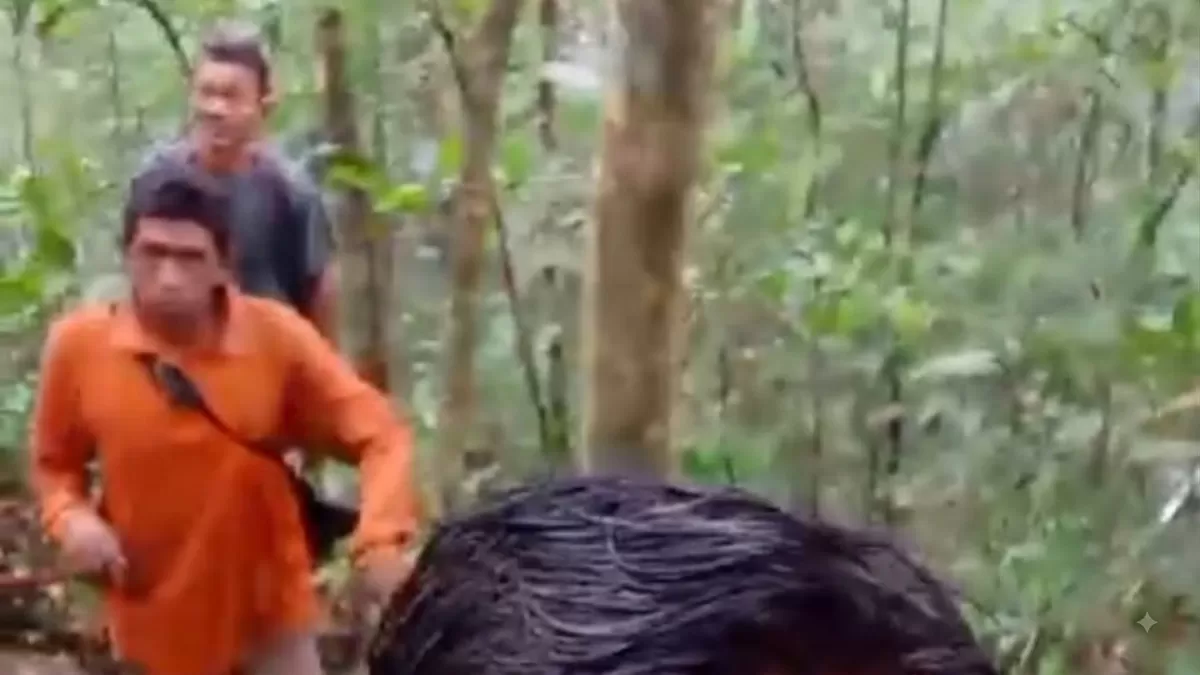 Madi warga Kelurahan Letung bersama rekannya berburu buah  kembang Semangkok, Rabu, 12 Agustus 2026 (Ropi Kahardi)