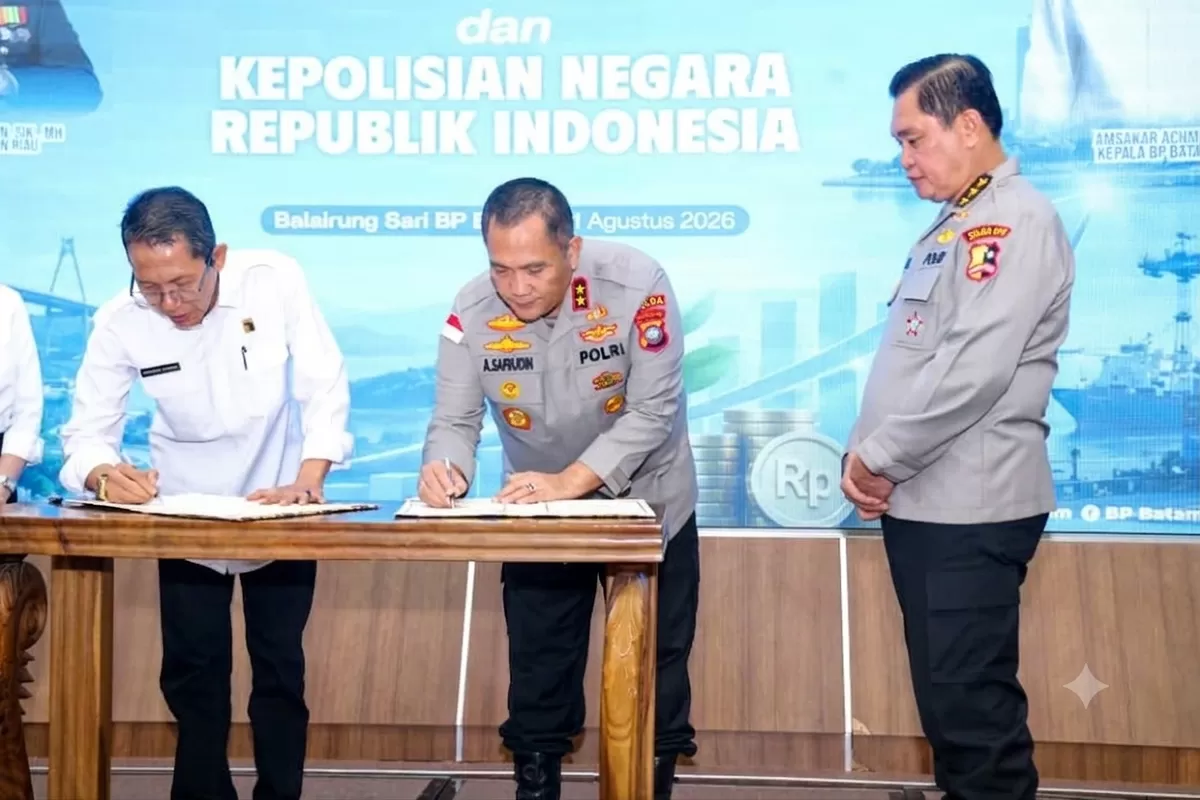 Penandatanganan Nota Kesepahaman tentang Bantuan Pengamanan dan Penegakan Hukum di Balairung Sari Kantor BP Batam, Jumat 21 Agustus 2026. (Humas Polda Kepri )