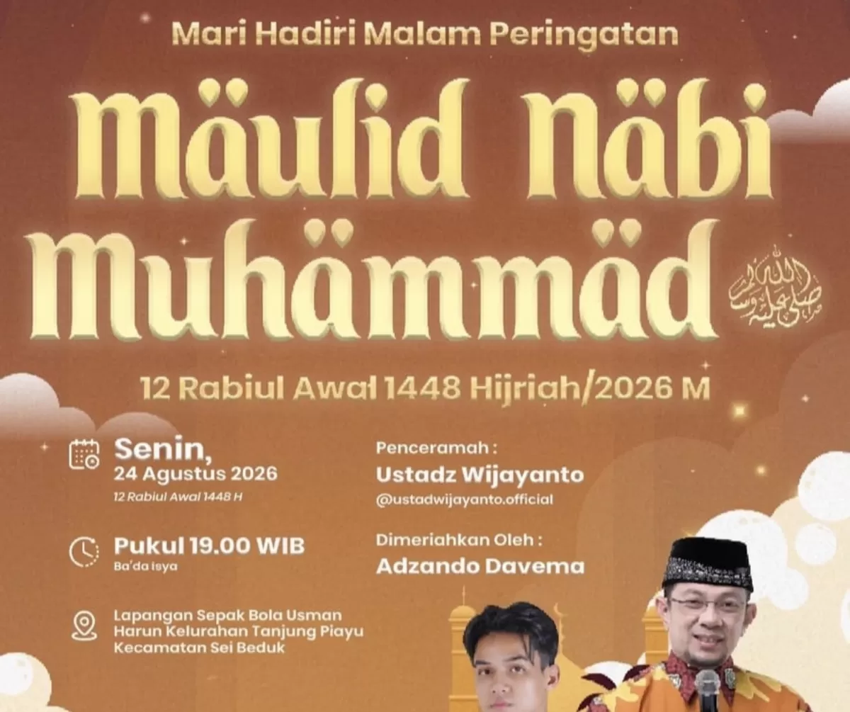 Peringatan Maulid Nabi, di Lapangan Sepak Bola Usman Harun, Tanjung Piayu, Sei Beduk, pada Senin 24 Agustus 2026 malam. (Humas Diskominfo Batam )