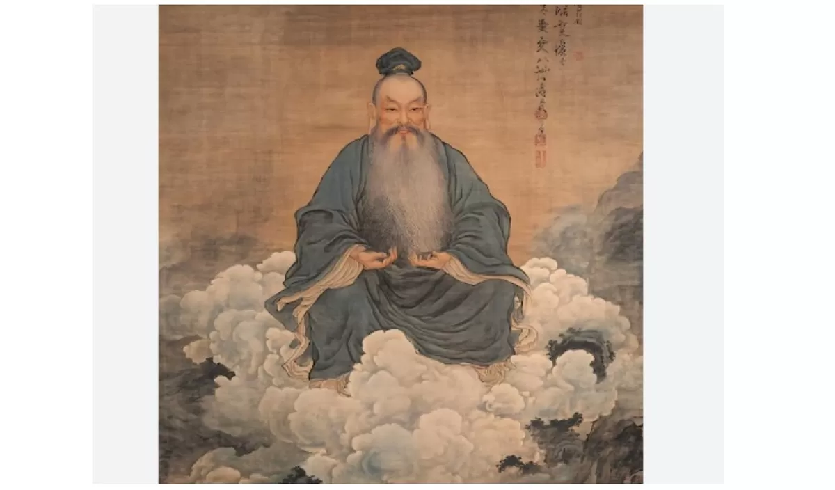Lukisan Tradisional Cina Seorang Pria Tua Duduk di Awan, Sumber: https://idn.freepik.com/