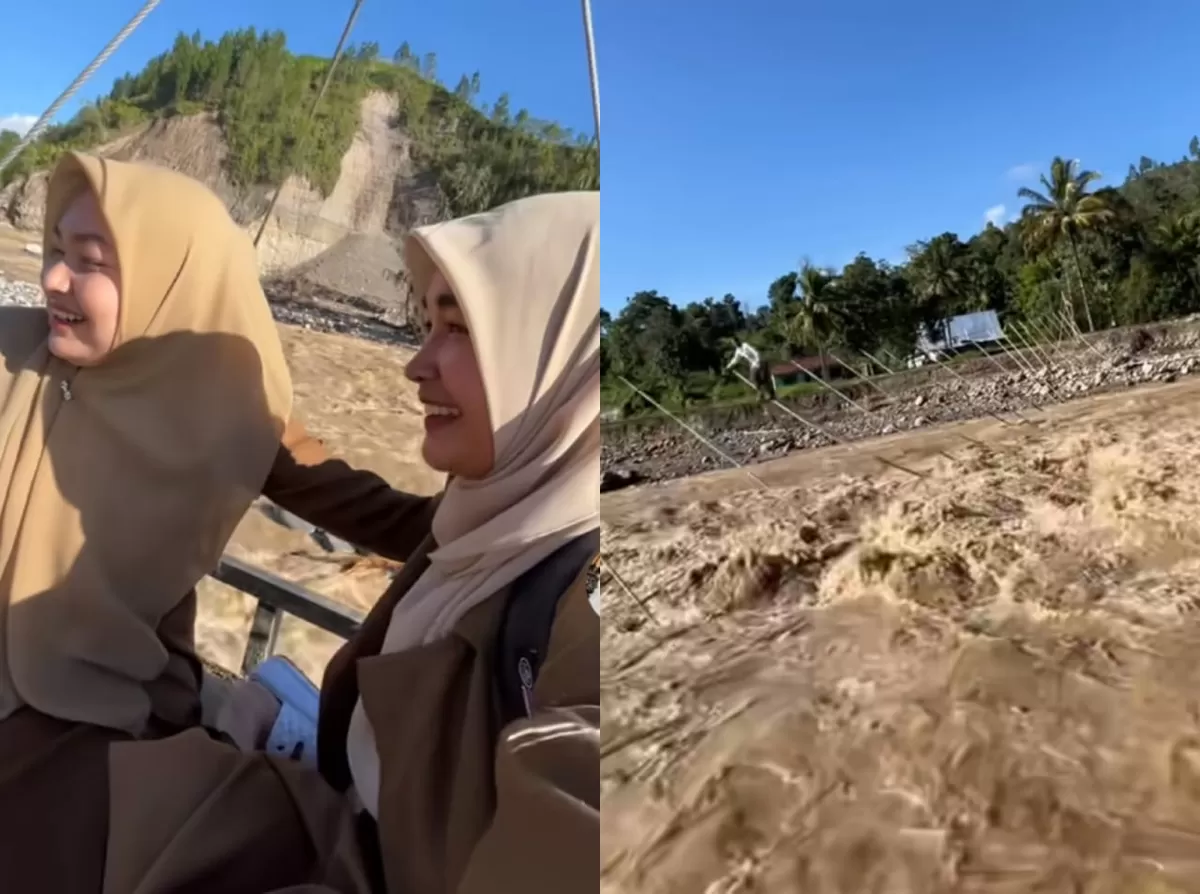 Perjuangan guru di Aceh Tengah menyeberangi sungai dengan tali sling saat akan mengajar di sekolah.  (Dok. TikTok/rahmisasmitasari)