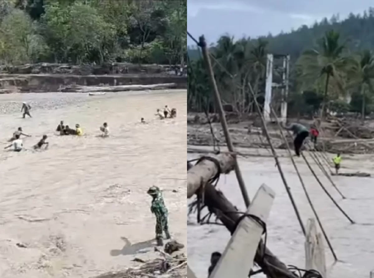 Relawan sempat jatuh ke sungai saat tali jembatan penyeberangan di Reje Payung, Aceh Tengah putus. (Dok. Dinas Kominfo Aceh Tengah)
