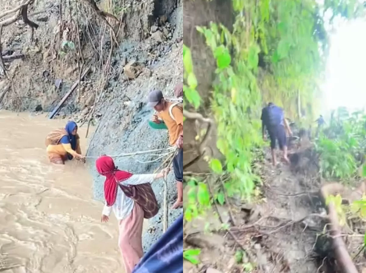 Perjuangan warga di Aceh Barat karena akses jalan yang terputus. (Dok. TikTok/emaa.0702)
