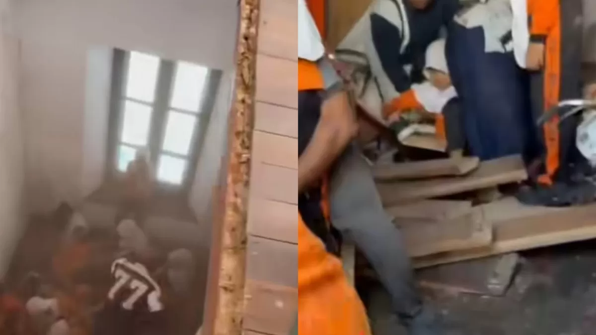 Insiden ambruknya lantai dua bangunan cagar budaya Tangsi Belanda, Siak, Riau saat ada kunjungan studi tur. (Dok. Instagram/halosiak)