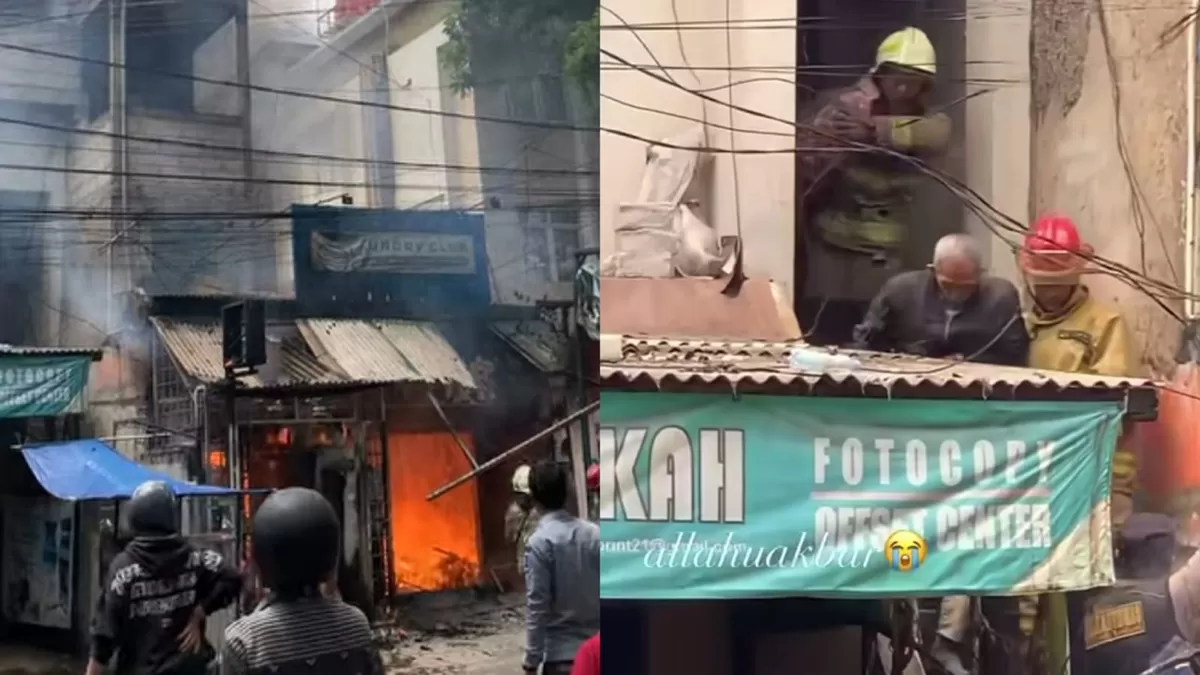 Damkar mengevakuasi kakek dan cucu saat terjadi kebakaran di bangunan usaha laundry di Kota Bandung. (Dok. Instagram/sonyamstk)