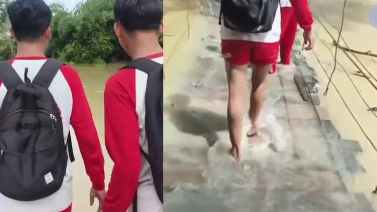 Pelajar di Lampung Tengah keluhkan jalan ke sekolah yang selalu tergenang banjir. (Dok. TikTok/kicrit61)