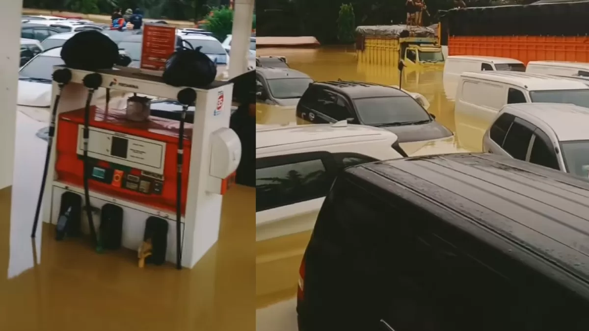 Momen warga Aceh Tamiang menyelamatkan diri saat banjir ketika terjebak SPBU. (Dok. TikTok/ayank.17amu)