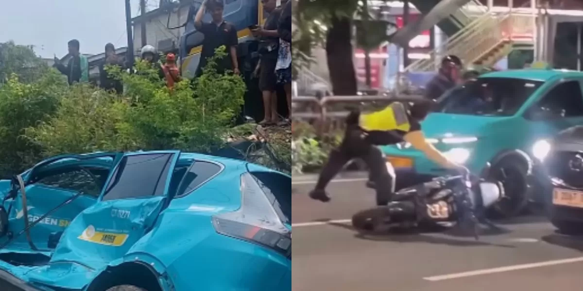 Menyoroti Taksi Green SM yang dinilai meresahkan pengguna jalan, dari kasus mogok dalam perlintasan kereta di Bekasi hingga tabrak motor di Jaksel. (Dok. Instagram.com/@aurabekasi_)