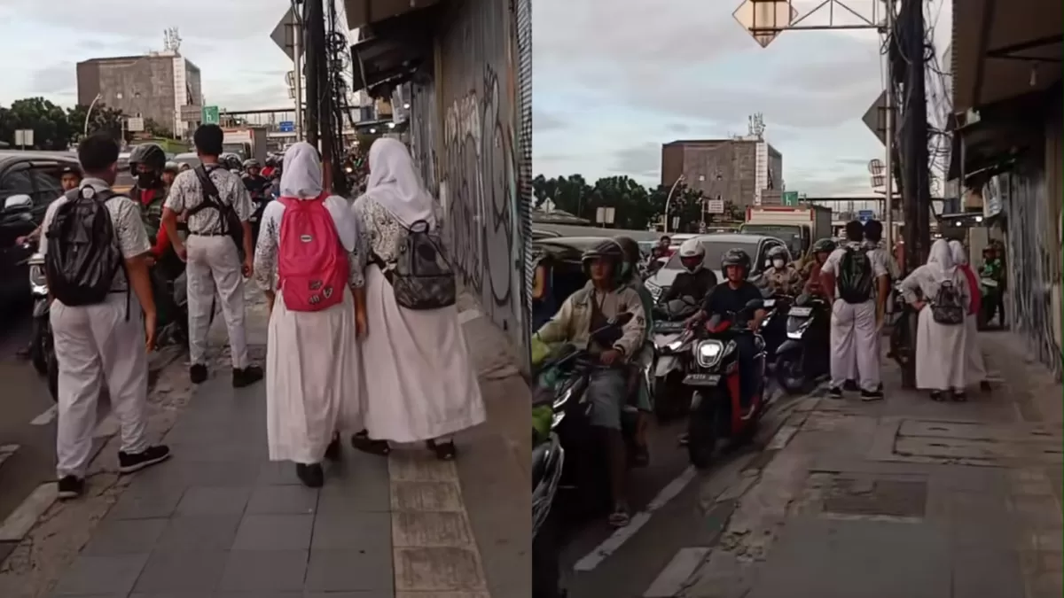 Aksi sekelompok murid SMP yang viral menghadang pemotor naik ke trotoar. (Dok. TikTok/mgrrmp)