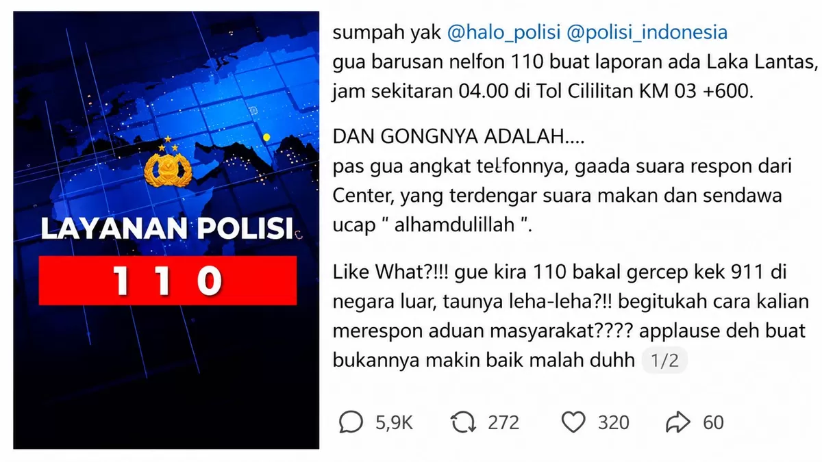 Viral keluhan pelayanan Layanan 110 Polri di media sosial (Tribrata - Threads/de.pirjin)