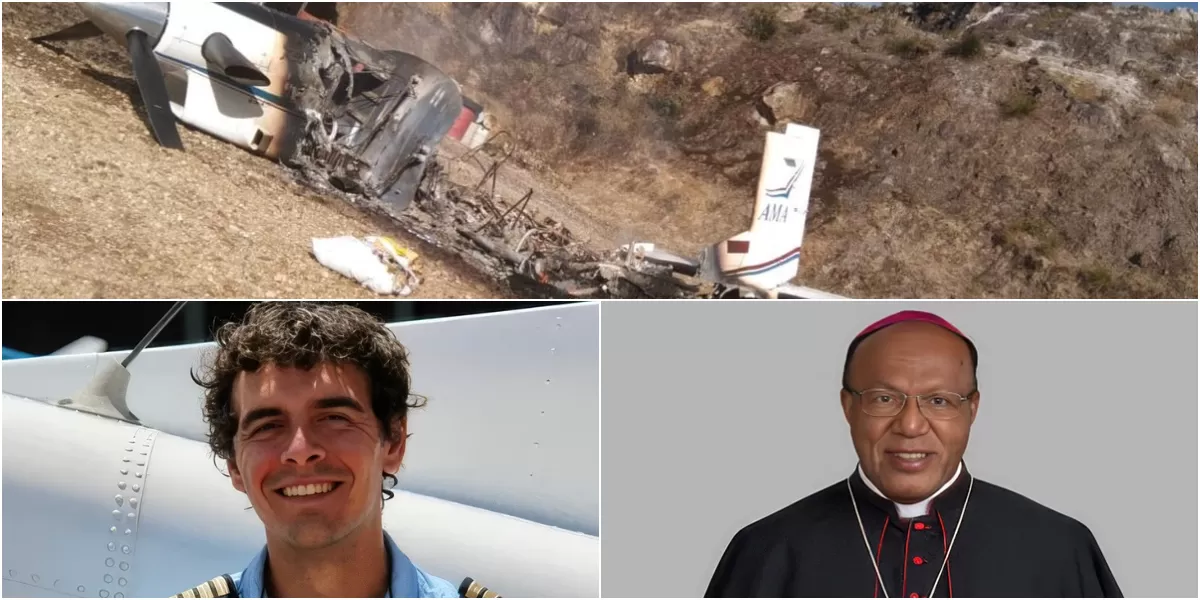 Kolase foto memperlihatkan pilot AMA Air yang menjadi korban penembakan Nicholas F Goselin, Uskup Jayapura Mgr Yanuarius Theofilus Matopai You, serta pesawat misi kemanusiaan AMA Air yang dibakar usai insiden di Yahukimo, Papua Pegunungan. (Dok. PT AMA)