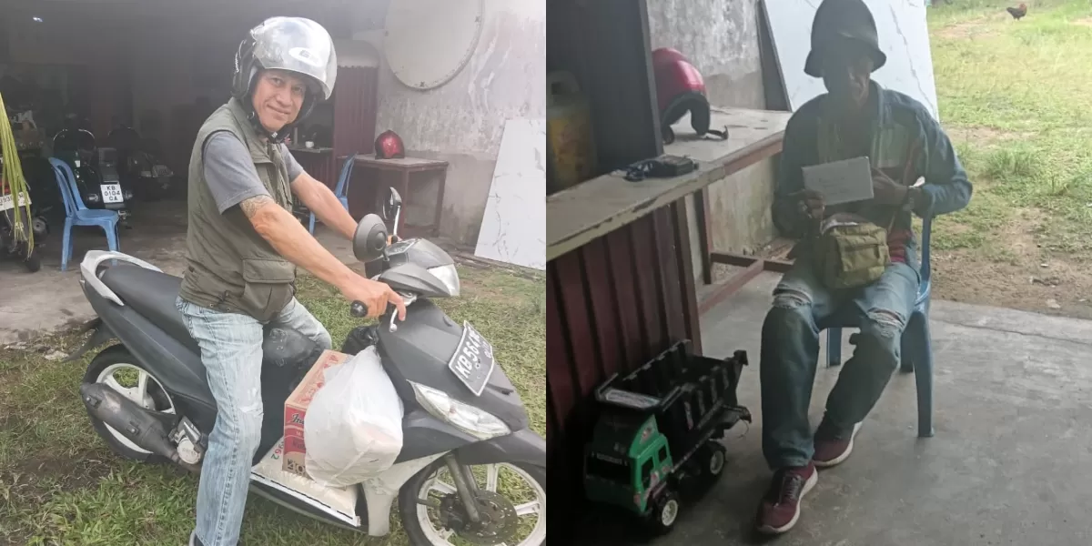 Kolase foto, saat Br Stephanus Paiman OFMCap membawa sembako dan sumbangan untuk Relawan FRKP Anton Kribo (kiri).  Anton Kribo di rumah-nya saat menerima kunjungan Bruder Stephanus Paiman OFMCap, Senin 6 Juli 2026.. (Dok. FRKP)