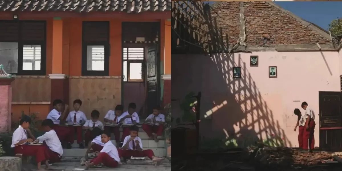 Menyoroti viralnya potret para siswa SD di Grobogan, Jawa Tengah yang menikmati MBG di antara puing bangunan sekolahnya yang rusak. (Instagram.com/@voktis.id)