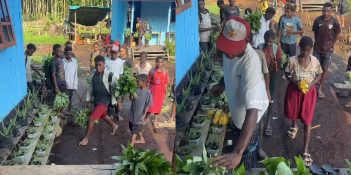 Mengintip momen haru anak-anak sekolah di Papua yang berbagi hasil ladang berupa sayur dan buah untuk para gurunya.  (Instagram.com/@guru.papua)