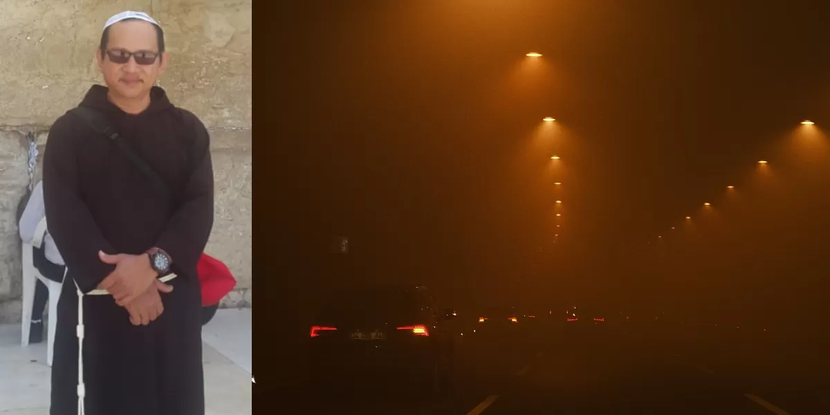 Kolase foto Br Stephanus Paiman OFM Cap (kiri) dan kondisi Kota Pontianak saat malam hari yang diselimuti asap pekat. (Dok. Pontianak Globe)