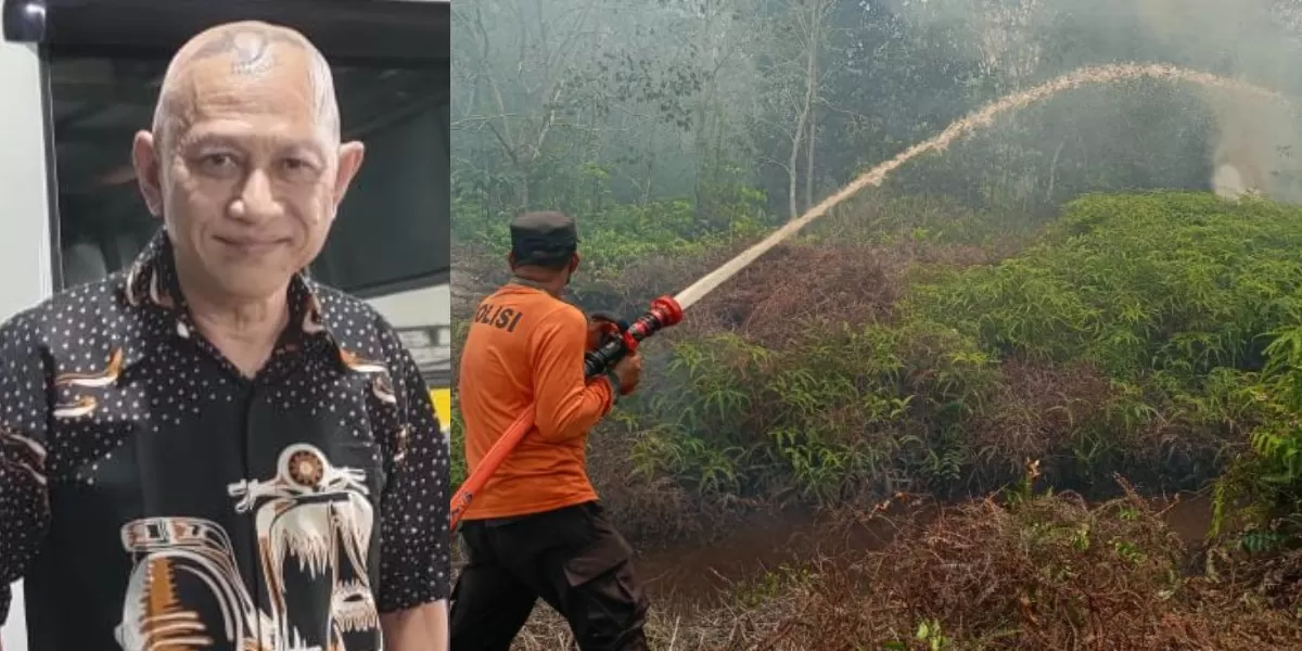 Kolase foto Br Stephanus Paiman OMF Cap (kiri), serta petugas memadamkan Karhutla di lahan gambut di Kubu Raya. (Dok. Pontianak Globe)