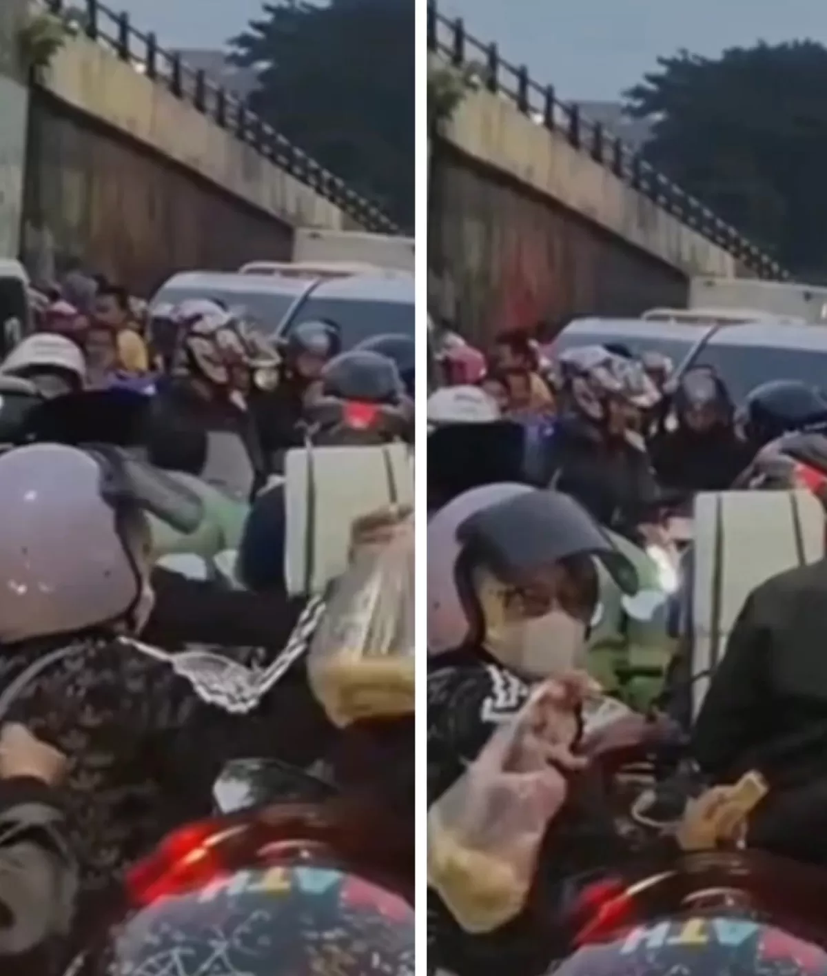 Pengendara motor saling berbagi makanan di waktu buka puasa saat terjebak macet. (Threads/prajnaparamithaa)