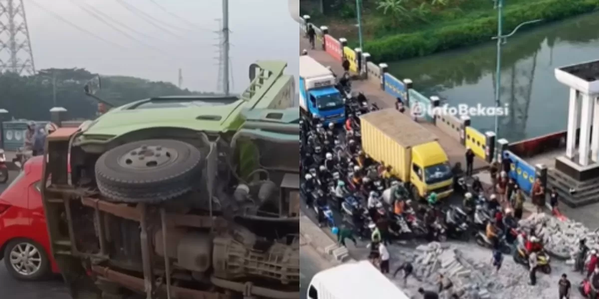 Menyoroti viralnya insiden truk bermuatan material bangunan yang terguling di Jembatan BKT Cakung, Jakarta Timur, pada Rabu, 24 Juni 2026. (Instagram.com/@infobekasi)