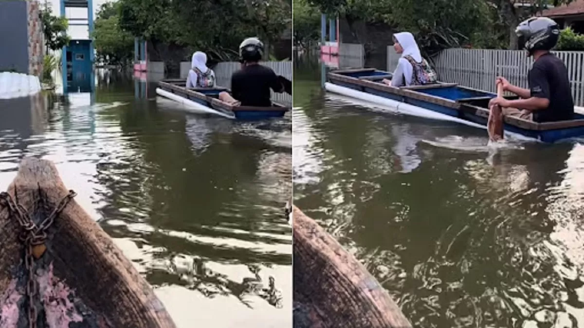 Warga Jetiskapuan, Kudus saat banjir datang di permukiman warga. (TikTok/lutfaaaaa96)