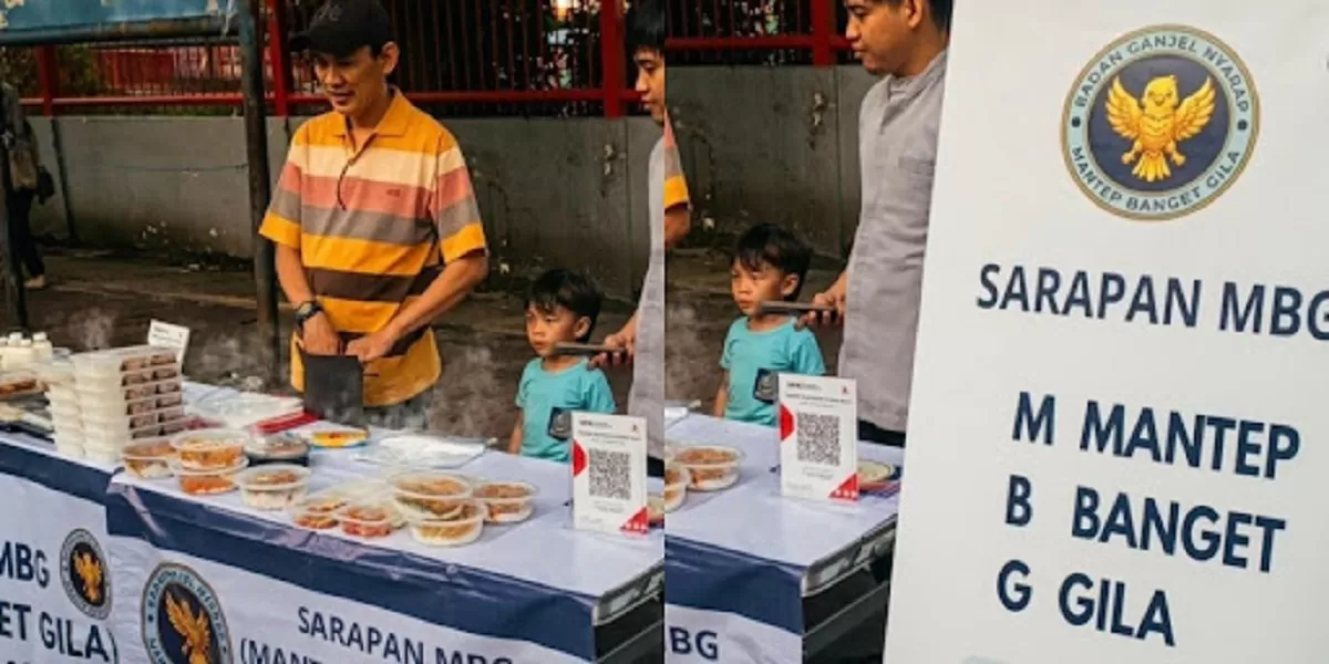 Mengintip aksi penjual sarapan di Tebet, Jakarta Selatan usai viral mempromosikan dagangannya dengan meniru logo BGN. (Instagram.com/@kualimerahputih)