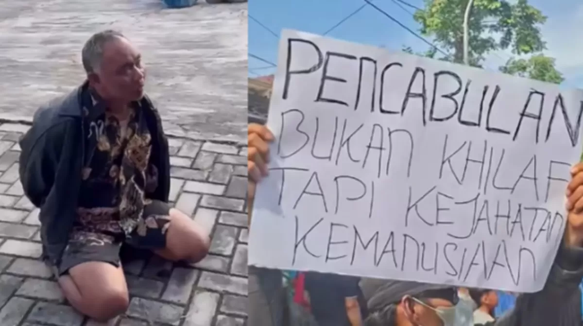 Oknum kiai cabul ponpes di Pati saat ditangkap di Wonogiri, 7 Mei 2026 (kiri) dan pesan aksi massa saat menggeruduk Ponpes Ndholo Kusumo pada 2 Mei 2026 (kanan). (Instagram/patihits-ekosuswanto_mbahto)