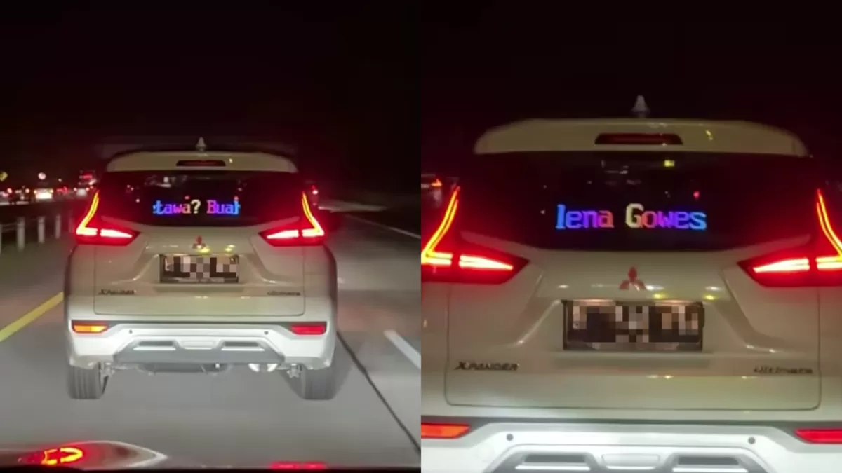 Momen unik pemudik saat bertemu mobil dengan running text tebak-tebakan. (TikTok/kee.roon)