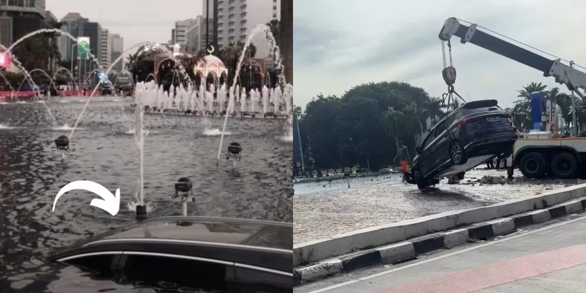 Mengintip insiden kecelakaan tunggal mobil BYD yang terjadi di kawasan Bundaran HI, Jakarta Pusat, pada Rabu, 25 Maret 2026. (Instagram.com/@jktproud)