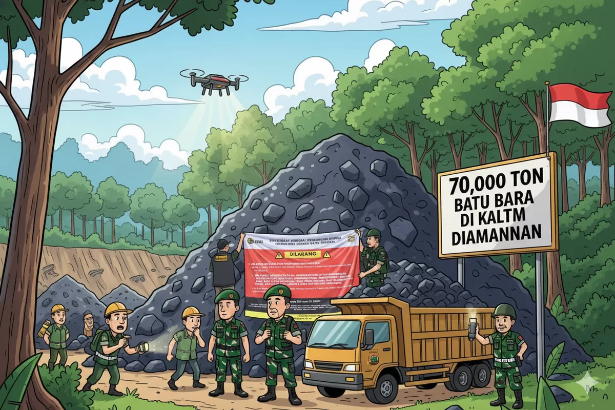 Ilustrasi Kartun : Kementrian ESDM Amankan 70.000 Ton Batu Bara di Kaltim (Dok. AI)