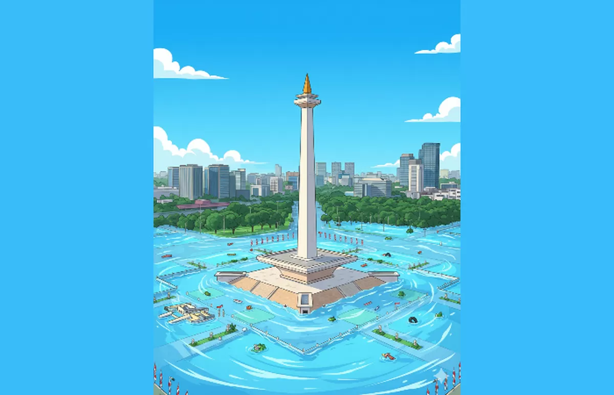 Ilustrasi kartun : Monas terendam banjir (Dok. Generated Gemini)