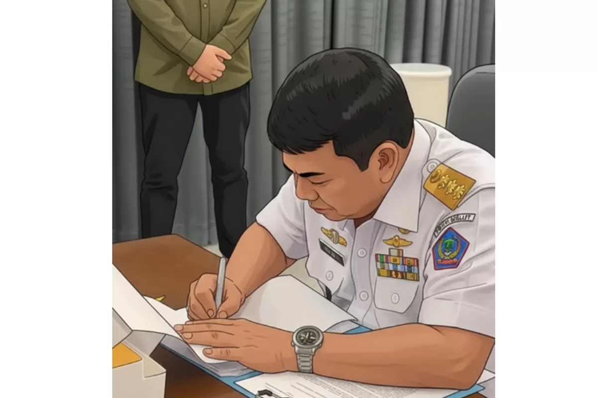 Ilustrasi Kartun, Yulius Selvanus menandatangani program pro rakyat terkait kenaikan pajak kendaraan 2026 (Dok. Sulutzone.com/AI)