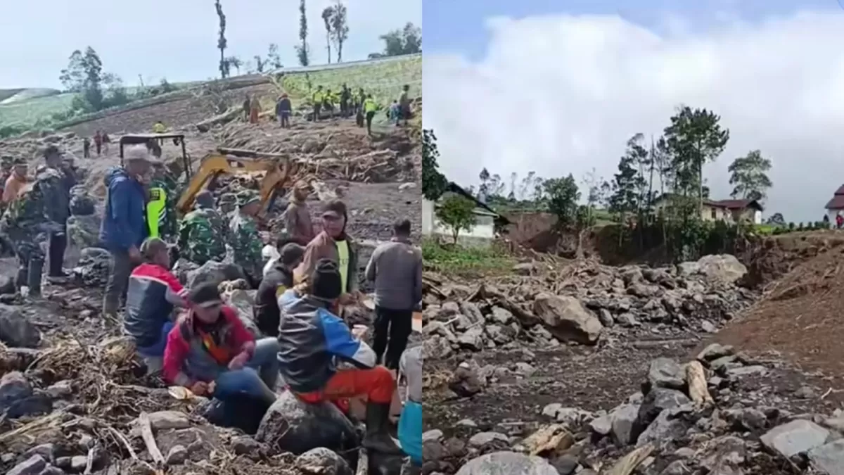 Warga dan aparat bergotong royong membersihkan material banjir di Purbalingga, Jawa Tengah. (Instagram/purbalingga.hitz)