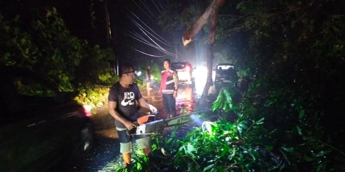 Personel Polsek Pineleng bersama warga Desa Koha bergotong-royong memotong batang pohon yang melintang di Jalan Trans Tanawangko-Manado, Sabtu (14/2/2026). (Foto: Istimewa)