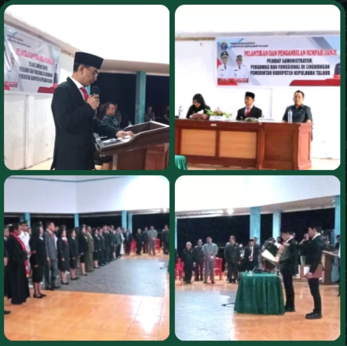 Bupati Kepulauan Talaud, Welly Titah, didampingi Wakil Bupati, Anisya Gretsya Bambungan, SE, dan Sekretaris Daerah, Dr. Yohanis B.K.Kamagi, AP, M.Si, memimpin langsung pelaksanaan upacara pelantikan bagi 47 pejabat administrator, pengawas, dan fungsional  (Nelson Sangadi)