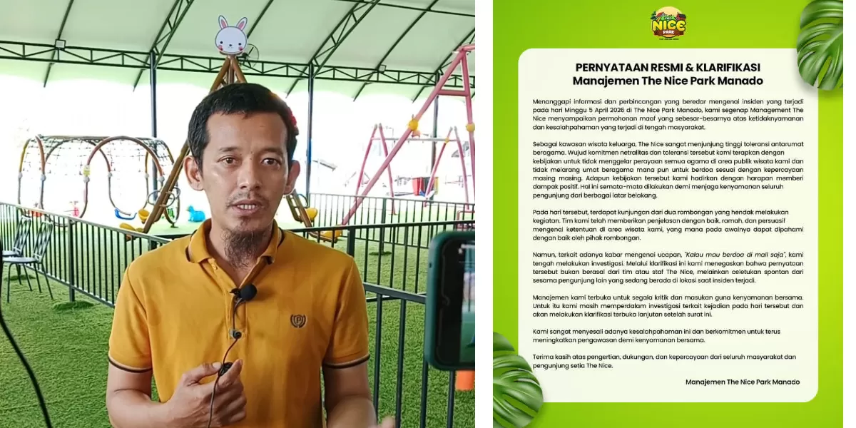 Menejer Operasional The Nice Park Manado Menyampaikan Permohonan Maaf (Dok. Sulutzone.com (Kiri) Instagram @thenicepark (kanan) )