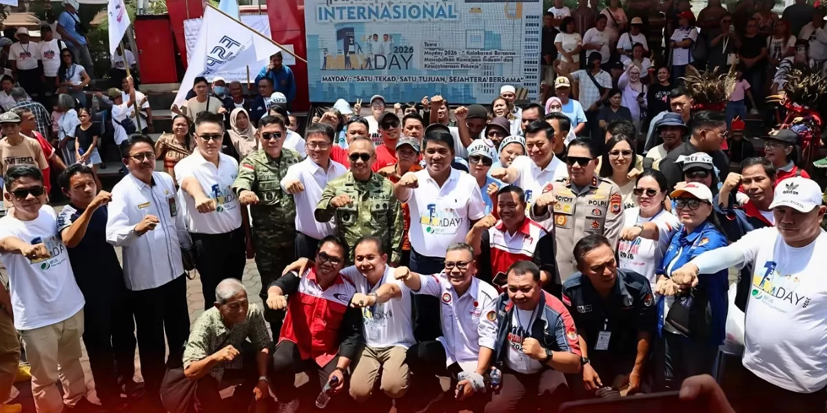 Peringatan Hari Buruh Sedunia (May Day) Provinsi Sulawesi Utara Tahun 2026 yang digelar di Taman Kesatuan Bangsa (TKB) Manado, Senin (4/5/2026). (Dok. Facebook / Pemerintah Kota Manado)