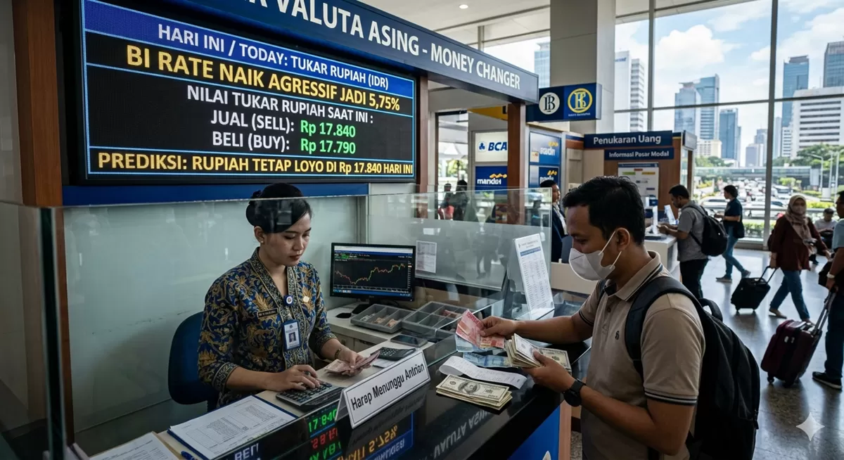 BI Rate Naik Agresif Jadi 5,75%, Nilai Tukar Rupiah Hari Ini Diprediksi Tetap Loyo di Kisaran Rp17.840 (AI)