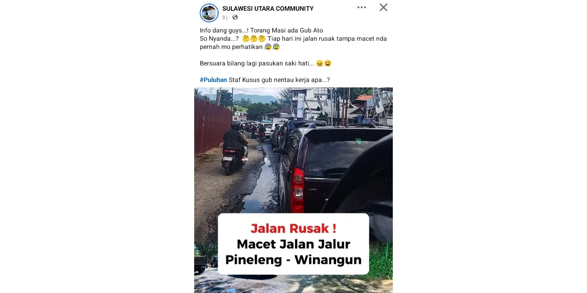 Screen Shoot Salah satu Postingan Tudingan ke Gubernur Sulut Mengenai Jalan Rusak (Facebook Sulawesi Utara Community)