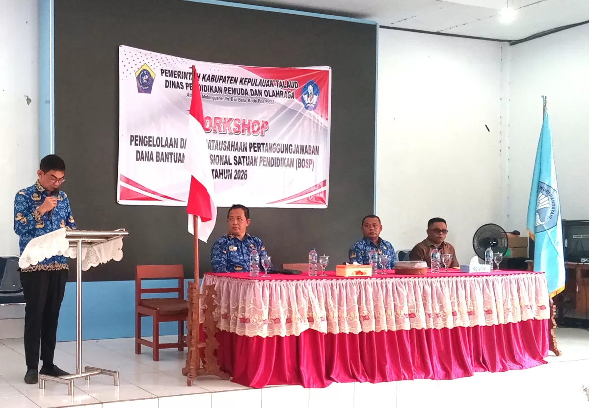  Buka Workshop Bosp 2026  Bupati Talaud Welly Titah di dampingi Sekda Talaud, Dr. Yohanis B.K.Kamagi, AP, M.Si, Asistem dua, Gustaf Atang,  Stp, MM, Plh. Kadis Dikpora Talaud Rudy Menundu Aimbu, S.pd (Nelson Sangadi)