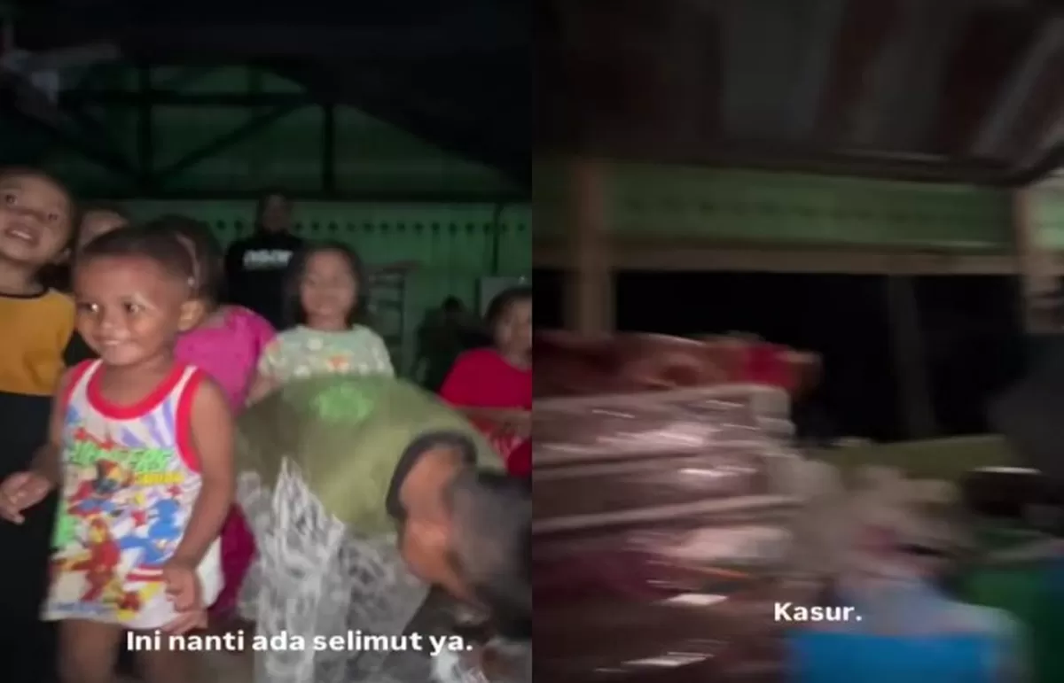 Anak-anak di Dusun Sarah Raja, Aceh Utara saat menerima bantuan kasur. (Instagram/khaliltoktok)