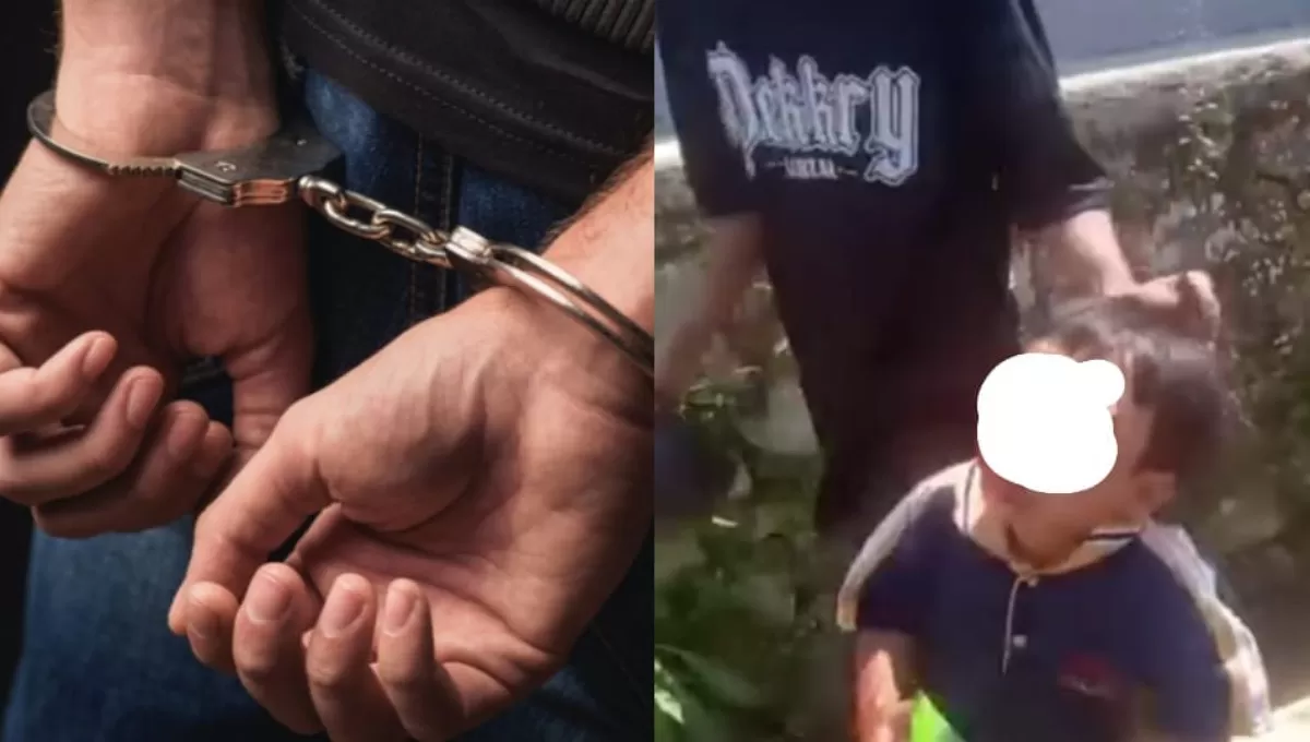 Kolase ilustrasi pria diborgol dan tangkapan layar video viral penganiayaan bocah. (Istimewa)