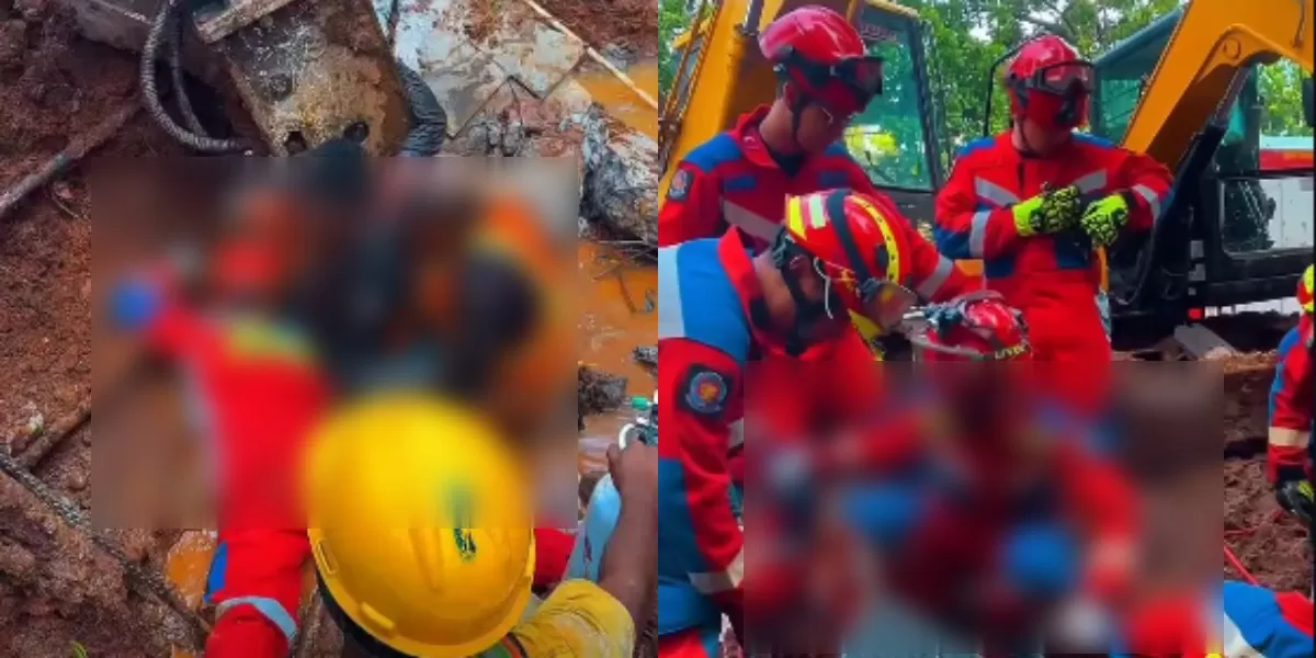 Menyoroti kronologi insiden 2 pekerja proyek yang tertimpa beton drainase hingga berhasil dievakuasi damkar di Jatinegara, Jaktim.  (Instagram.com/@damkarjakartatimur)