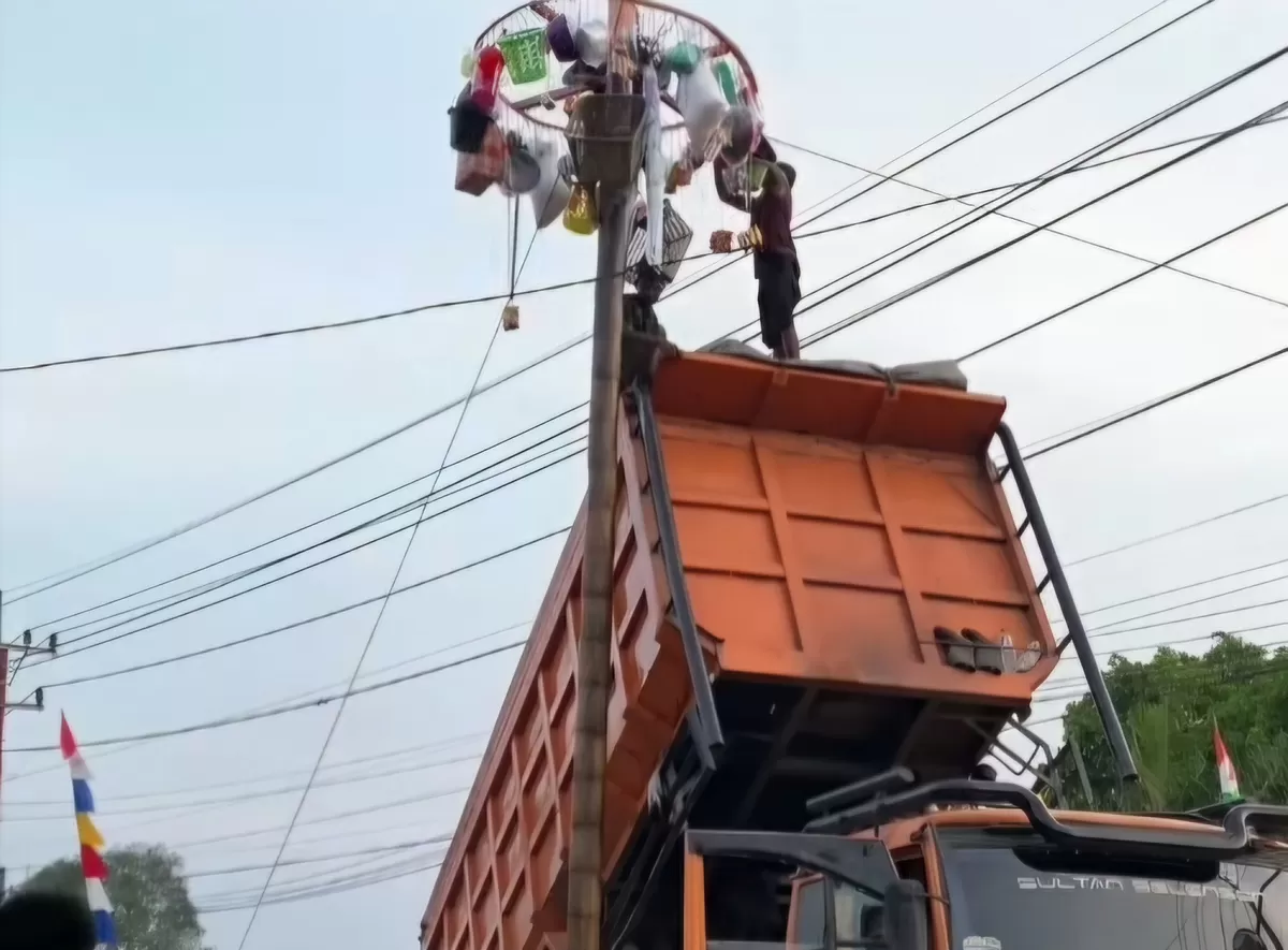 Viral video warga Indragiri Hulu, Riau, menggunakan bak truk Fuso untuk membantu mengambil hadiah setelah gagal menaklukkan pohon pinang yang licin. (Dok.Threads@Nikendr_126) 